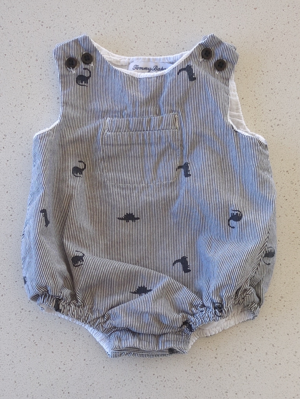 Tommy Bahama Navy & White Striped Dinosaur Baby Romper 100% Cotton
